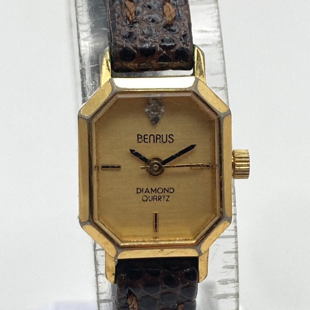 Vintage Benrus Women's Watch Gold Tone 15mm Octagon Diamond New Battery SMALL 7"